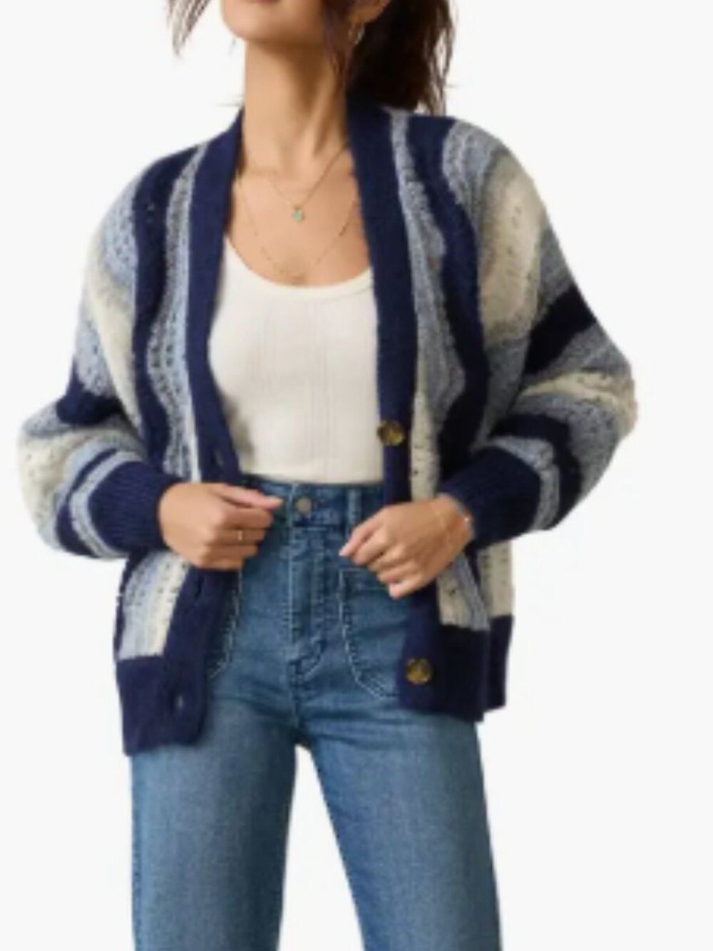 Faherty Free Ride Stripe Alpaca Blend Cardigan Size L Blue White Coastal Chunky